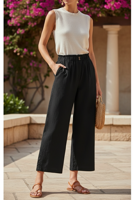 Pantalon En Lin Noir Ample Élastiqué Décontracté Femme