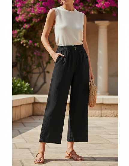 Pantalon En Lin Noir Ample Élastiqué Décontracté Femme