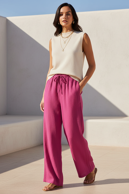 Pantalon En Lin Fuchsia Ample Fluide Décontracté - Rose