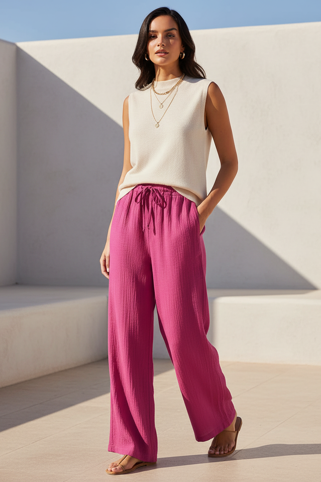 Pantalon En Lin Fuchsia Ample Fluide Décontracté - Rose