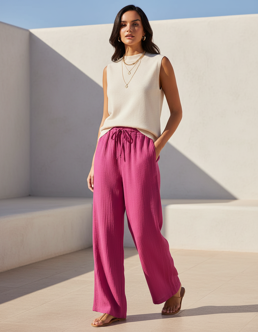 Pantalon En Lin Fuchsia Ample Fluide Décontracté - Rose