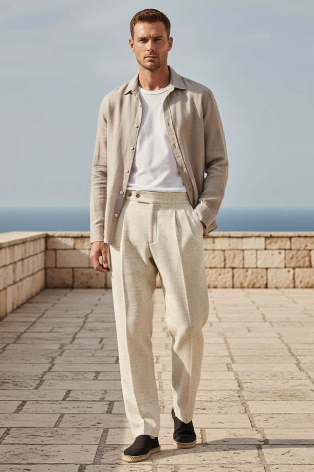 Pantalon En Lin Beige Chiné Plissé Droit Élégant Homme