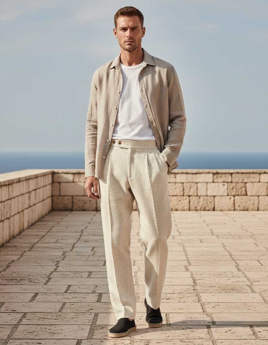 Pantalon En Lin Beige Chiné Plissé Droit Élégant Homme
