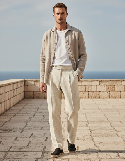 Pantalon En Lin Beige Chiné Plissé Droit Élégant Homme