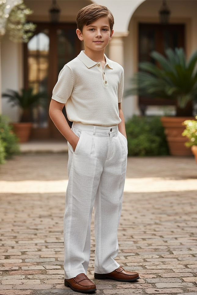 Pantalon En Lin Blanc Plissé Ample Décontracté Garçon