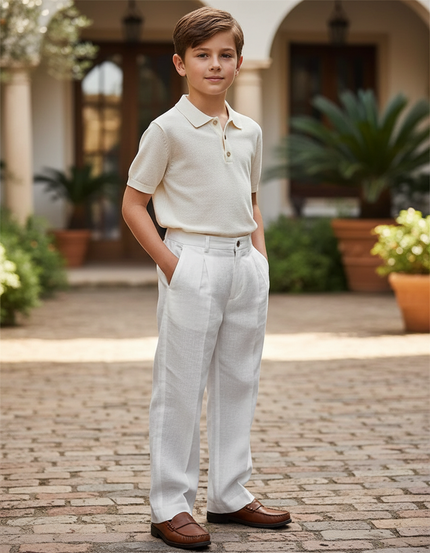 Pantalon En Lin Blanc Plissé Ample Décontracté Garçon