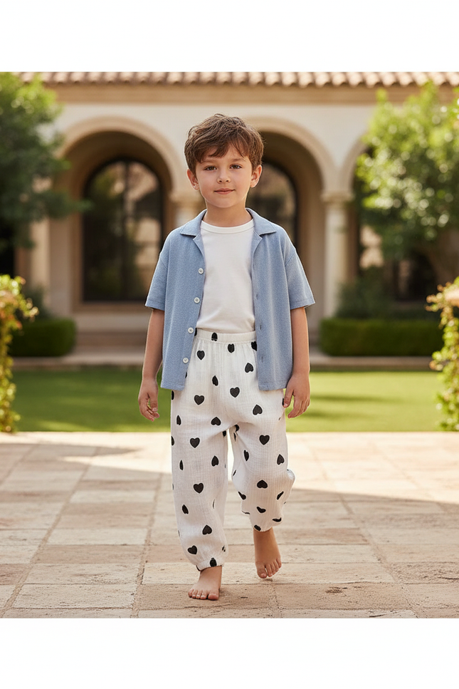 Pantalon En Lin Blanc Cœurs Noirs Ample Enfant - Imprimé
