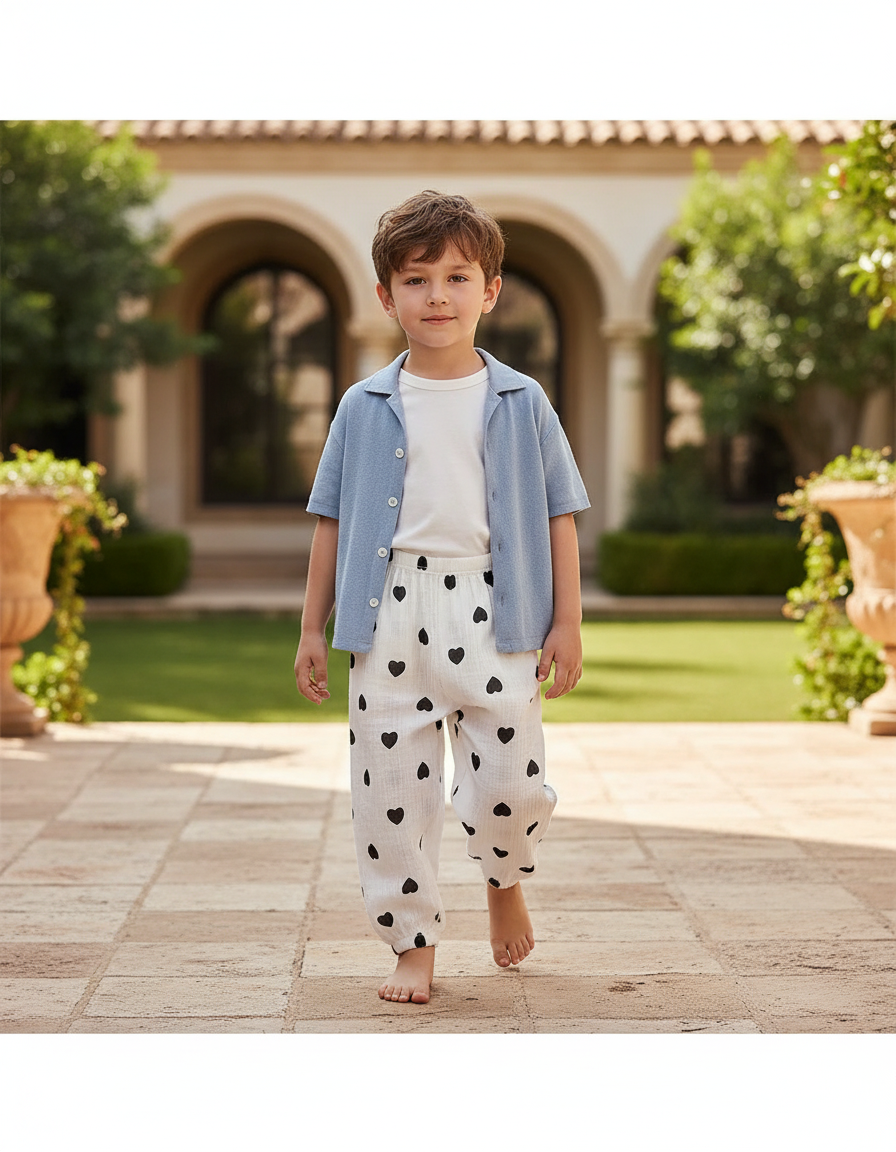 Pantalon En Lin Blanc Cœurs Noirs Ample Enfant - Imprimé