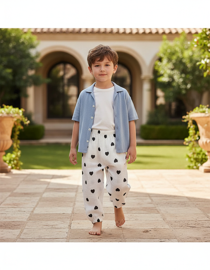 Pantalon En Lin Blanc Cœurs Noirs Ample Enfant - Imprimé