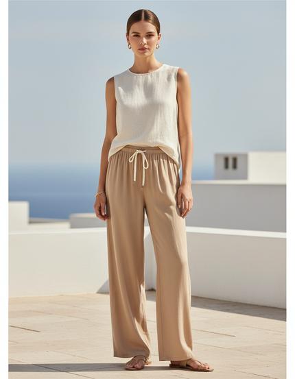 Pantalon En Lin Beige Ample Fluide Décontracté Estival