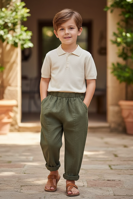 Pantalon En Lin Vert Olive Ample Décontracté Enfant - Kaki