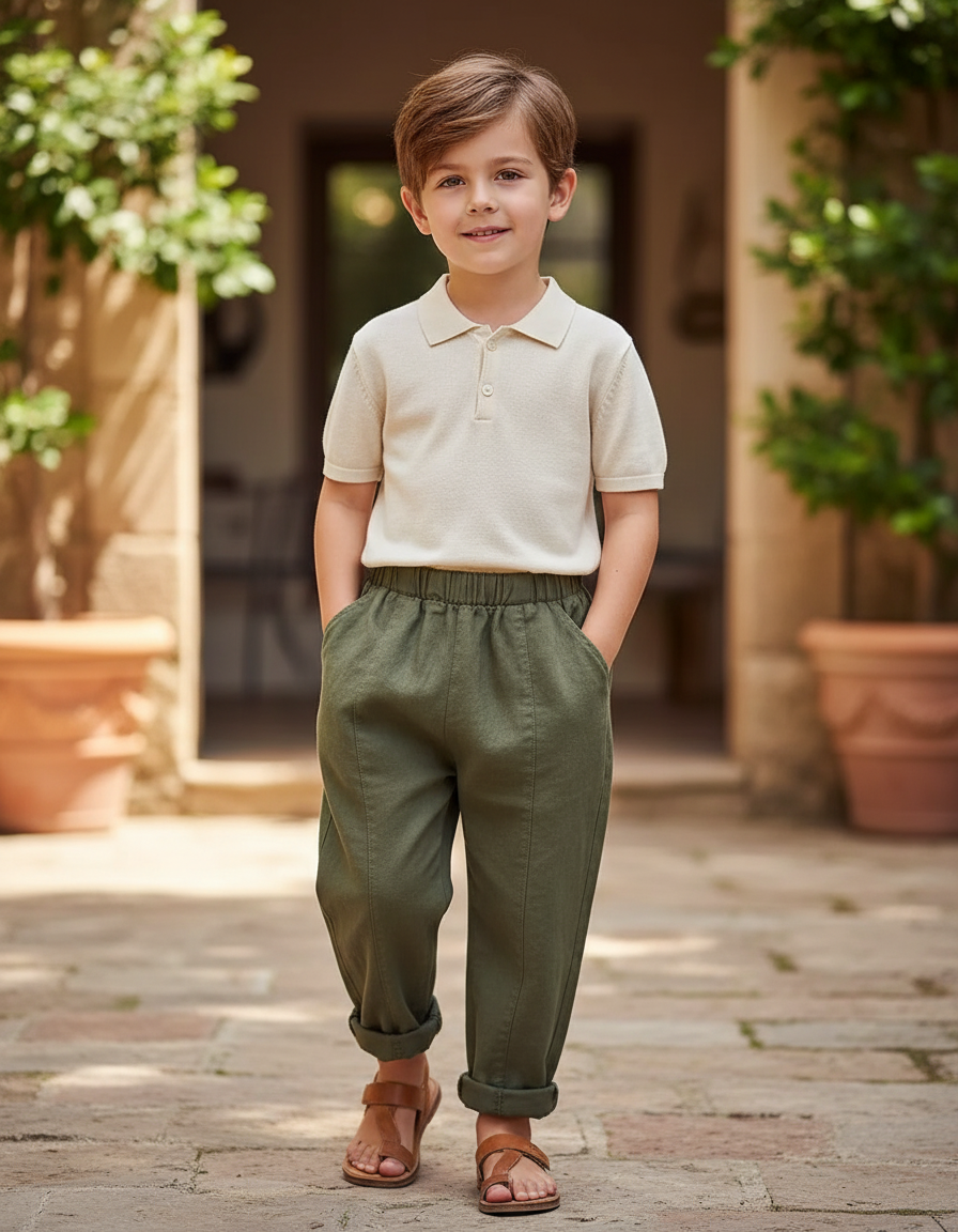 Pantalon En Lin Vert Olive Ample Décontracté Enfant - Kaki