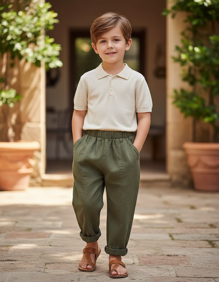 Pantalon En Lin Vert Olive Ample Décontracté Enfant - Kaki