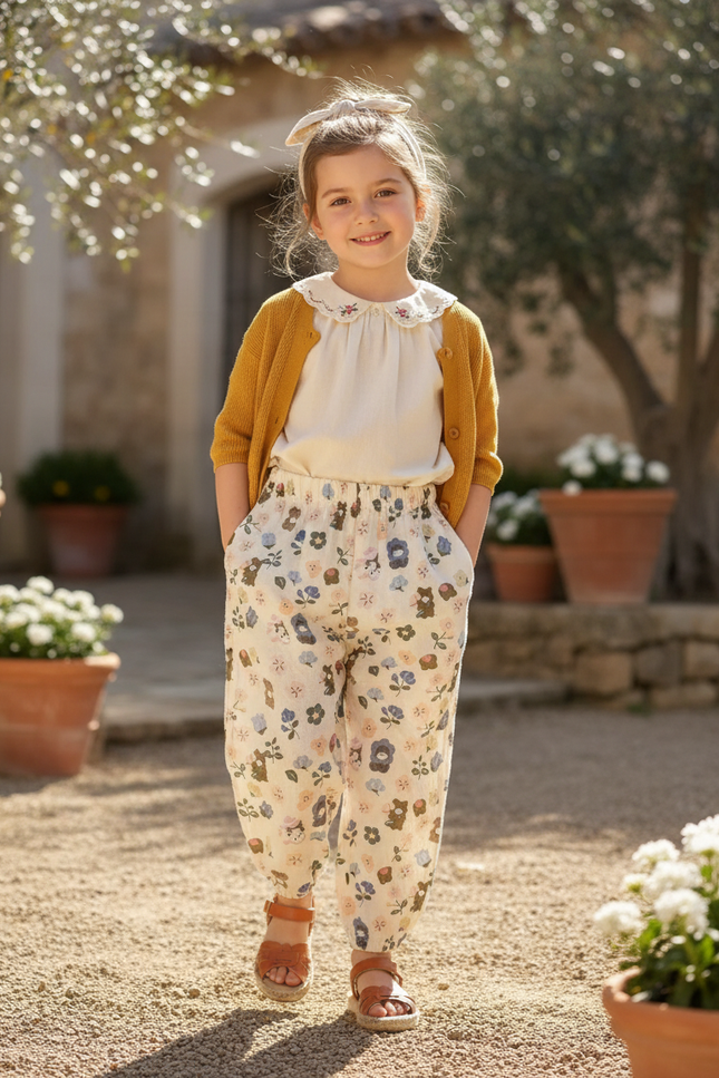 Pantalon En Lin Crème Ample Imprimé Floral Enfant - Beige