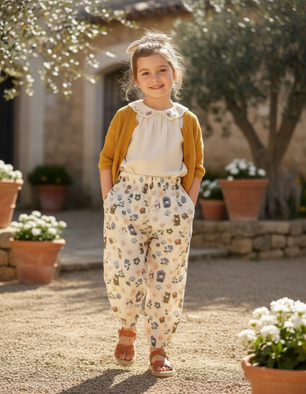 Pantalon En Lin Crème Ample Imprimé Floral Enfant - Beige