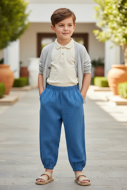 Pantalon En Lin Bleu Enfant Ample Décontracté Respirant
