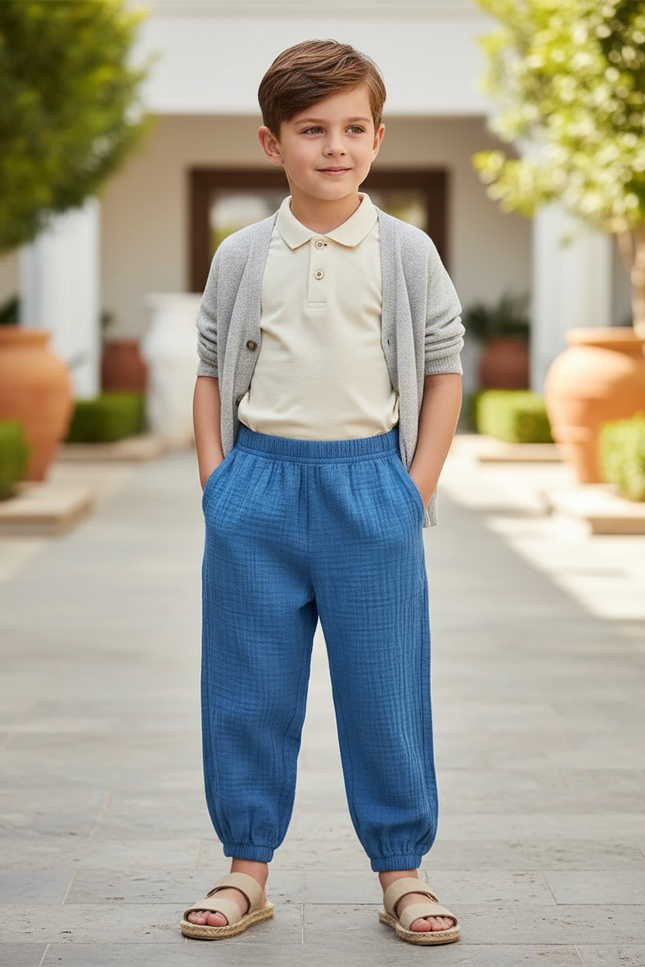 Pantalon En Lin Bleu Enfant Ample Décontracté Respirant