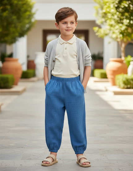 Pantalon En Lin Bleu Enfant Ample Décontracté Respirant