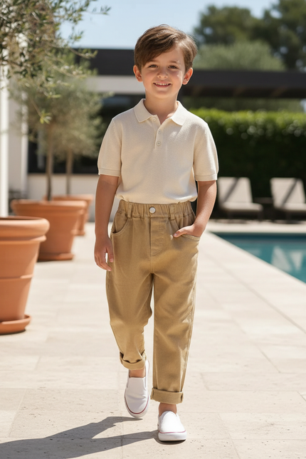 Pantalon En Lin Enfant Ample Marron Décontracté Coton