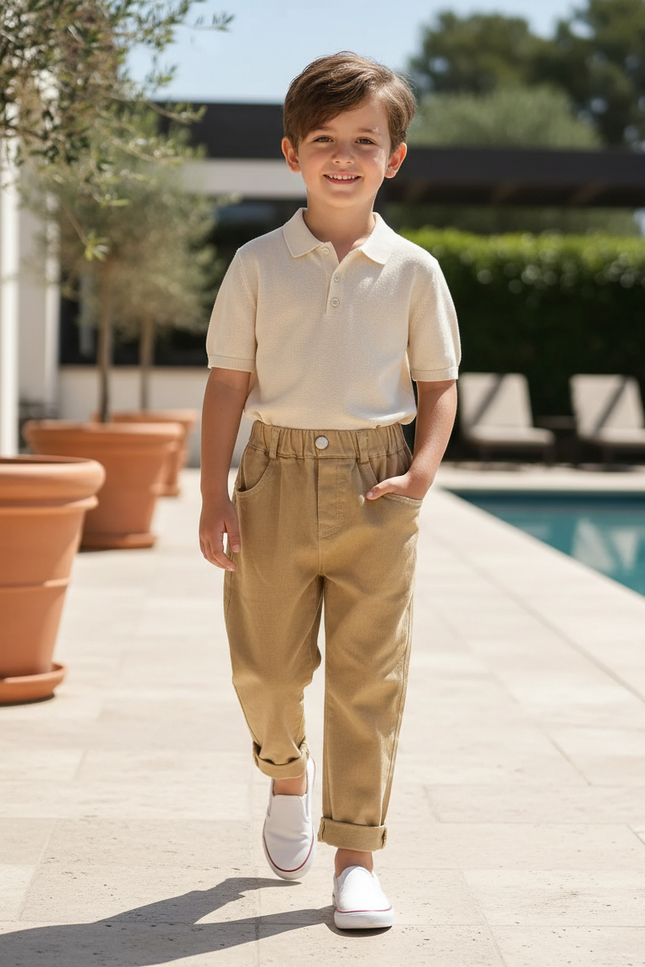 Pantalon En Lin Enfant Ample Marron Décontracté Coton