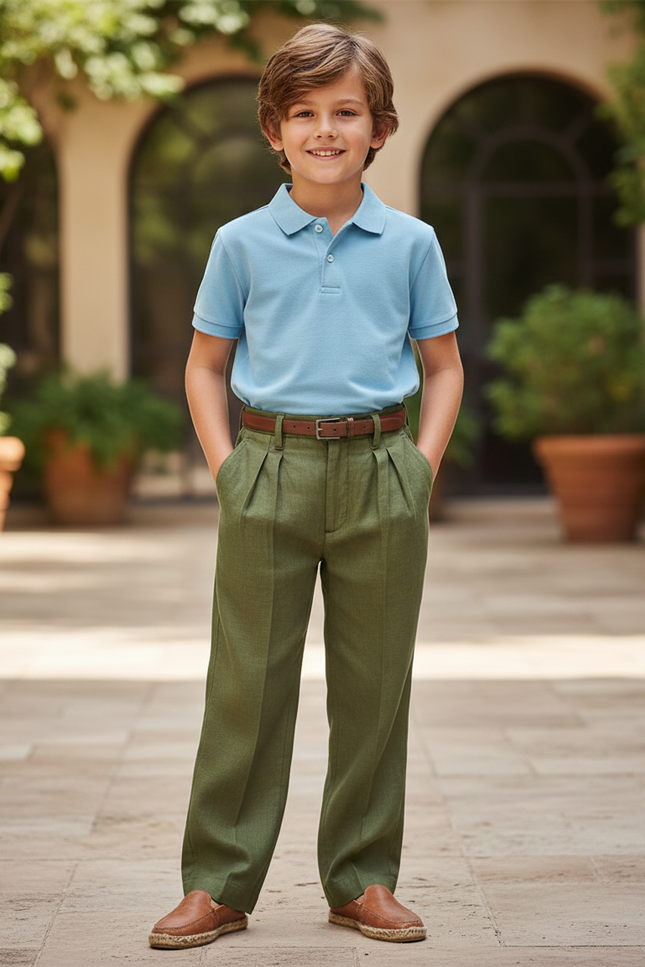 Pantalon En Lin Vert Plissé Décontracté Garçon