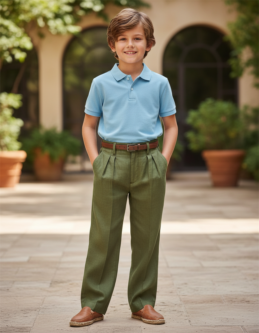 Pantalon En Lin Vert Plissé Décontracté Garçon
