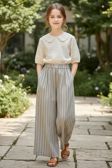 Pantalon En Lin Rayé Ample Taille Haute Fille - Imprimé