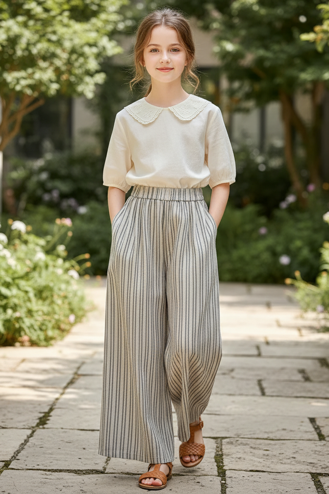 Pantalon En Lin Rayé Ample Taille Haute Fille - Imprimé