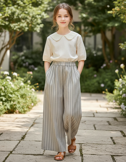 Pantalon En Lin Rayé Ample Taille Haute Fille - Imprimé