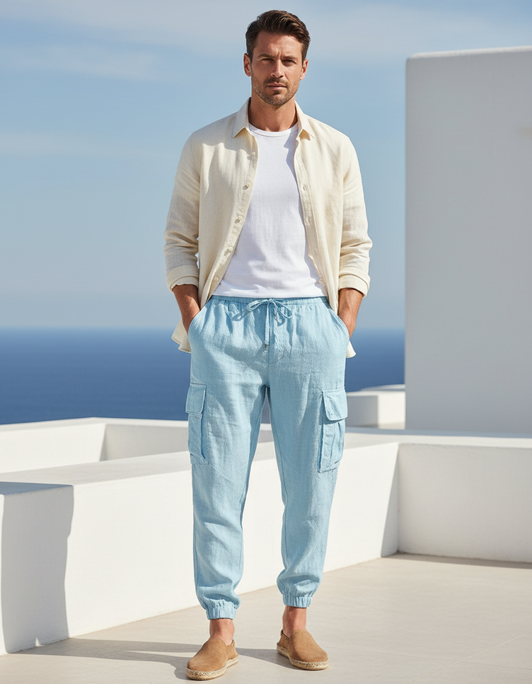 Pantalon Cargo Lin Homme - Bleu