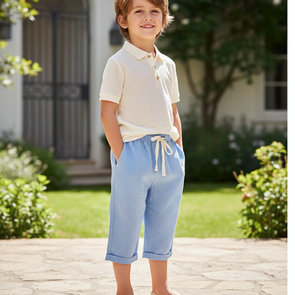 Pantalon En Lin Bleu Ciel Ample Décontracté Cordon Enfant