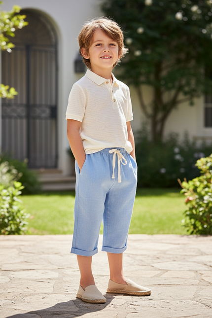 Pantalon En Lin Bleu Ciel Ample Décontracté Cordon Enfant
