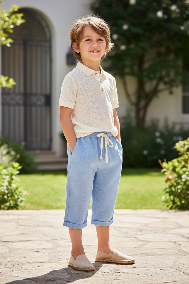 Pantalon En Lin Bleu Ciel Ample Décontracté Cordon Enfant