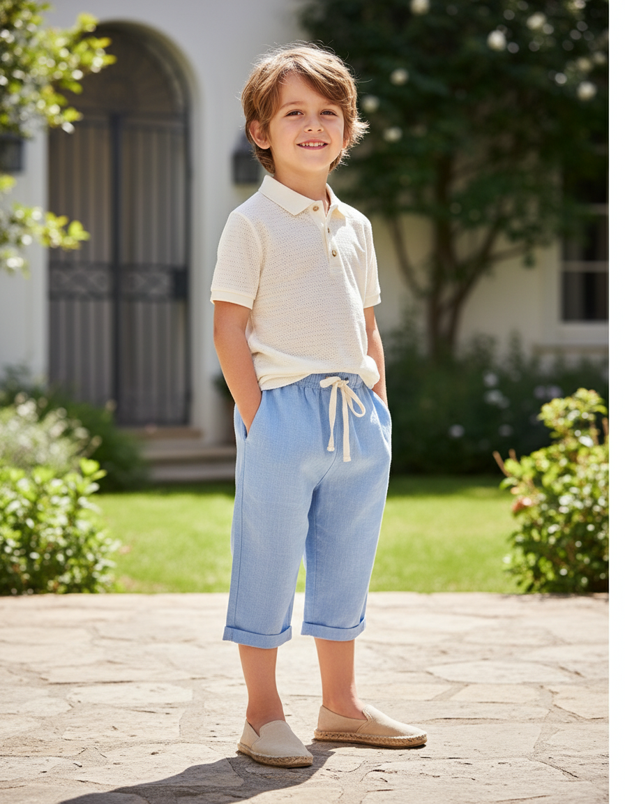 Pantalon En Lin Bleu Ciel Ample Décontracté Cordon Enfant