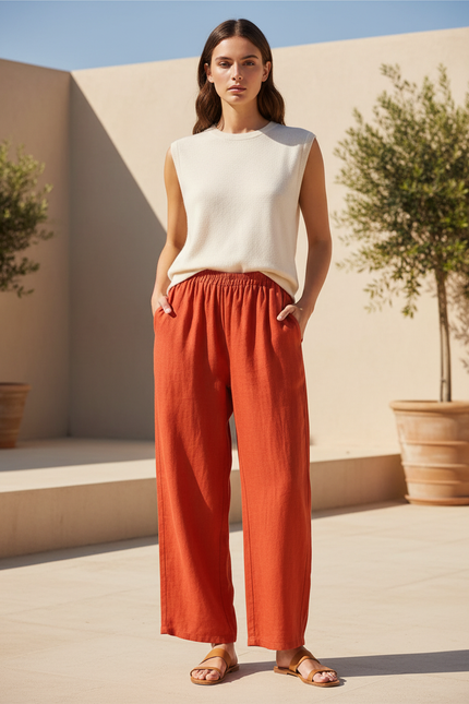 Pantalon En Lin Orange Ample Décontracté Taille Élastique Femme