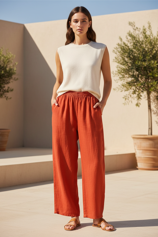 Pantalon En Lin Orange Ample Décontracté Taille Élastique Femme