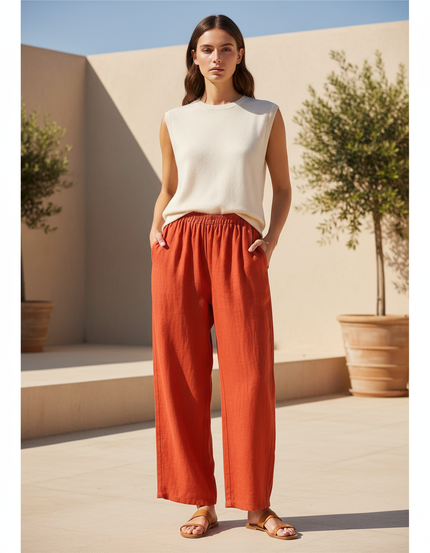 Pantalon En Lin Orange Ample Décontracté Taille Élastique Femme