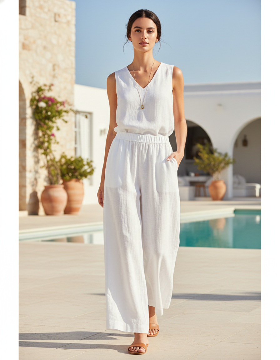 Pantalon En Lin Blanc Ample Taille Élastique Femme Fluide