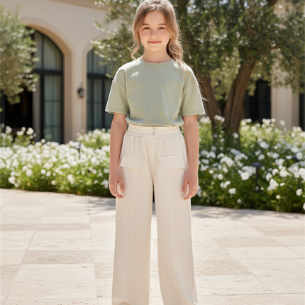 Pantalon En Lin Écru Large Décontracté Fille - Beige