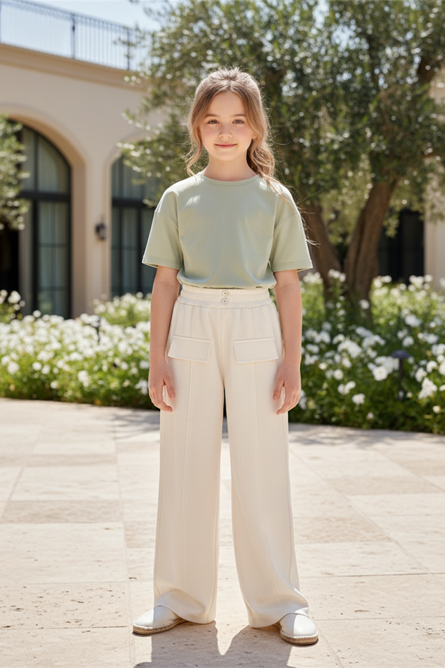 Pantalon En Lin Écru Large Décontracté Fille - Beige