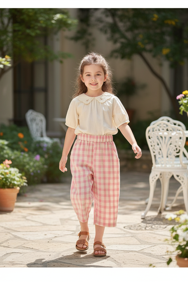 Pantalon En Lin Rose Carreaux Ample Décontracté Fille