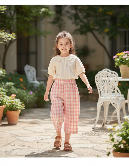 Pantalon En Lin Rose Carreaux Ample Décontracté Fille