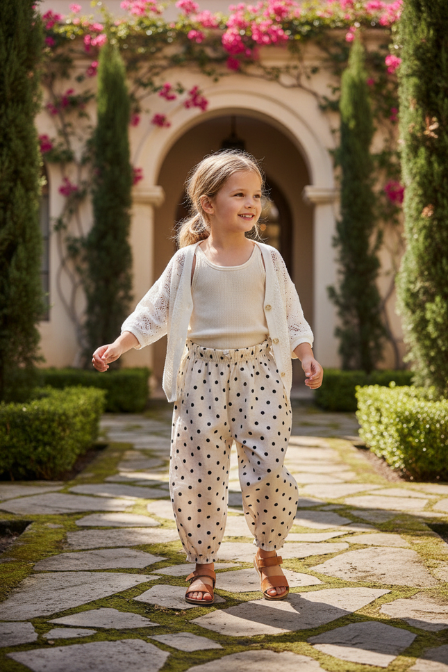Pantalon En Lin Ample Beige À Pois Enfants