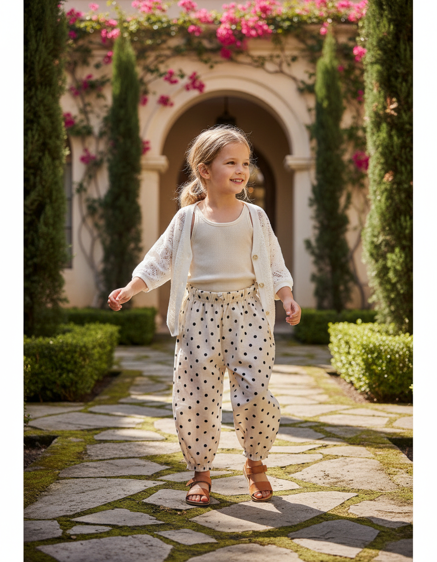 Pantalon En Lin Ample Beige À Pois Enfants
