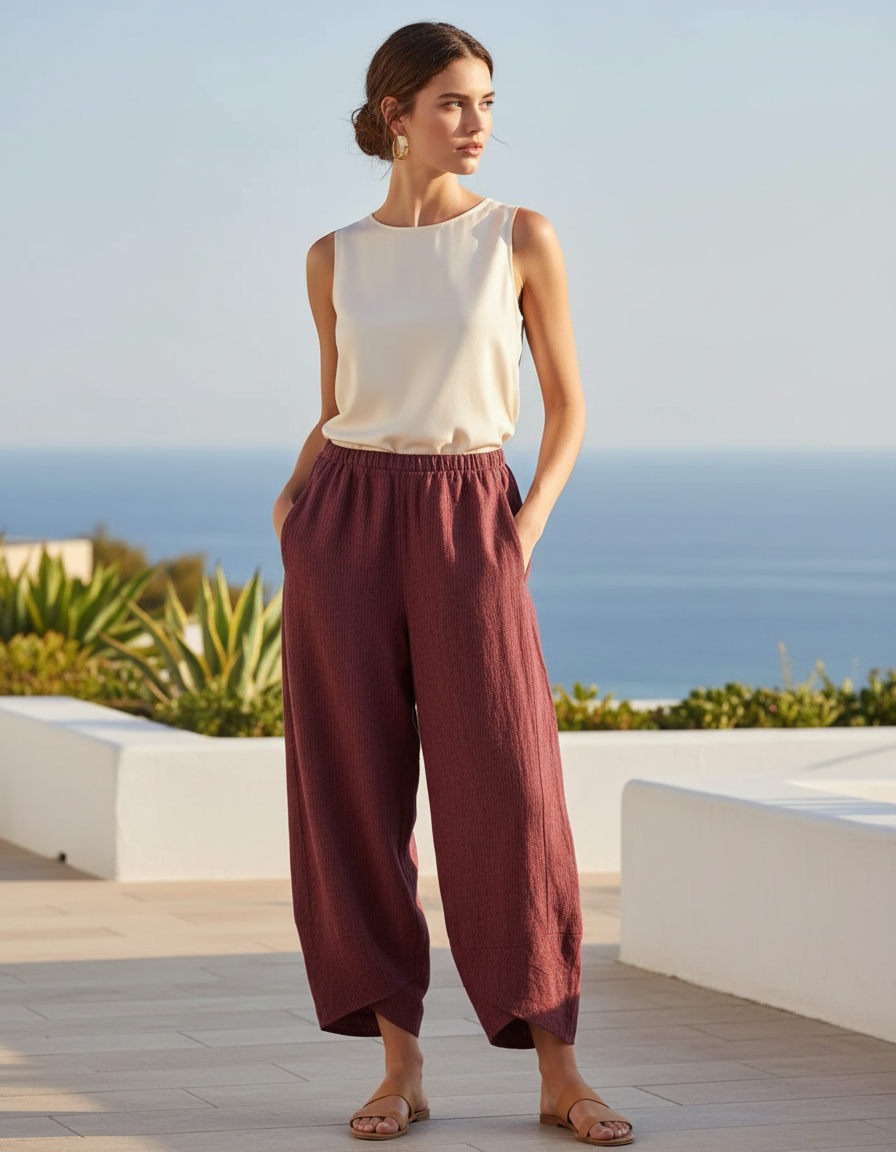 Pantalon En Lin Ample Élastique Rouge Bordeaux Femme