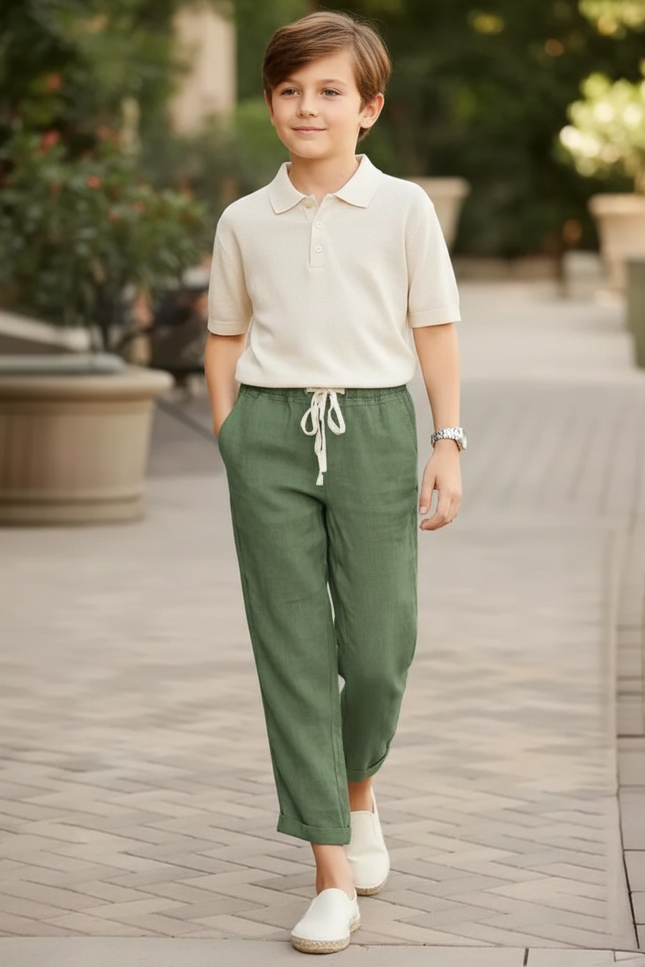 Pantalon En Lin Vert Militaire Ample Cordon Décontracté Enfant - Kaki