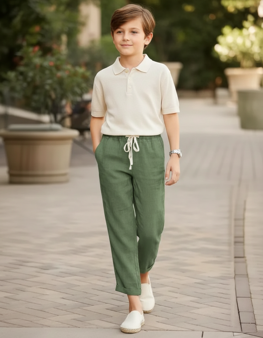 Pantalon En Lin Vert Militaire Ample Cordon Décontracté Enfant - Kaki