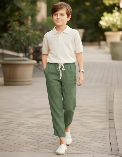 Pantalon En Lin Vert Militaire Ample Cordon Décontracté Enfant - Kaki