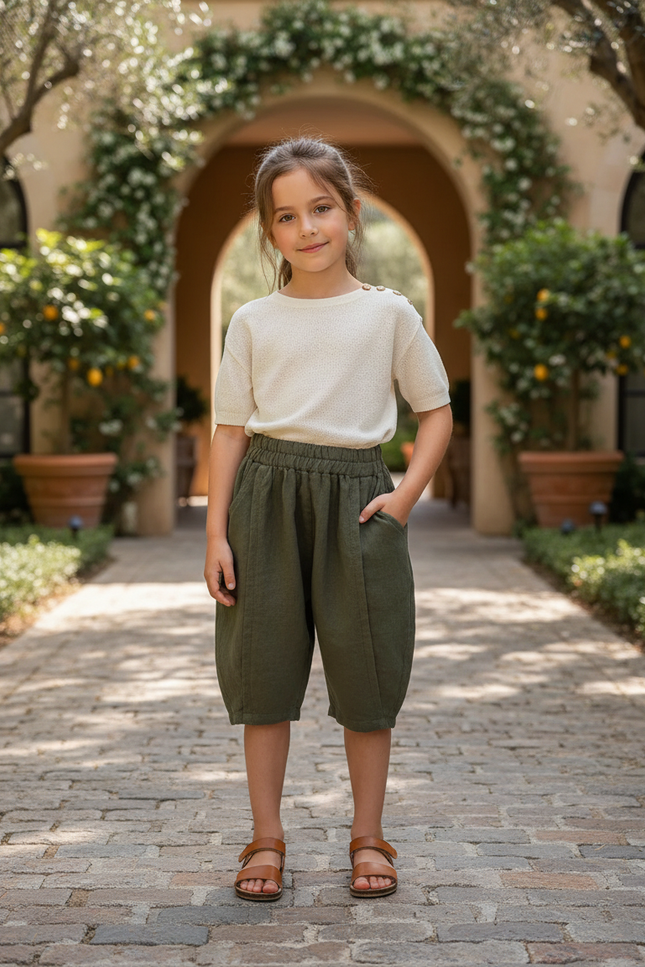 Pantalon En Lin Vert Ample Court Enfant