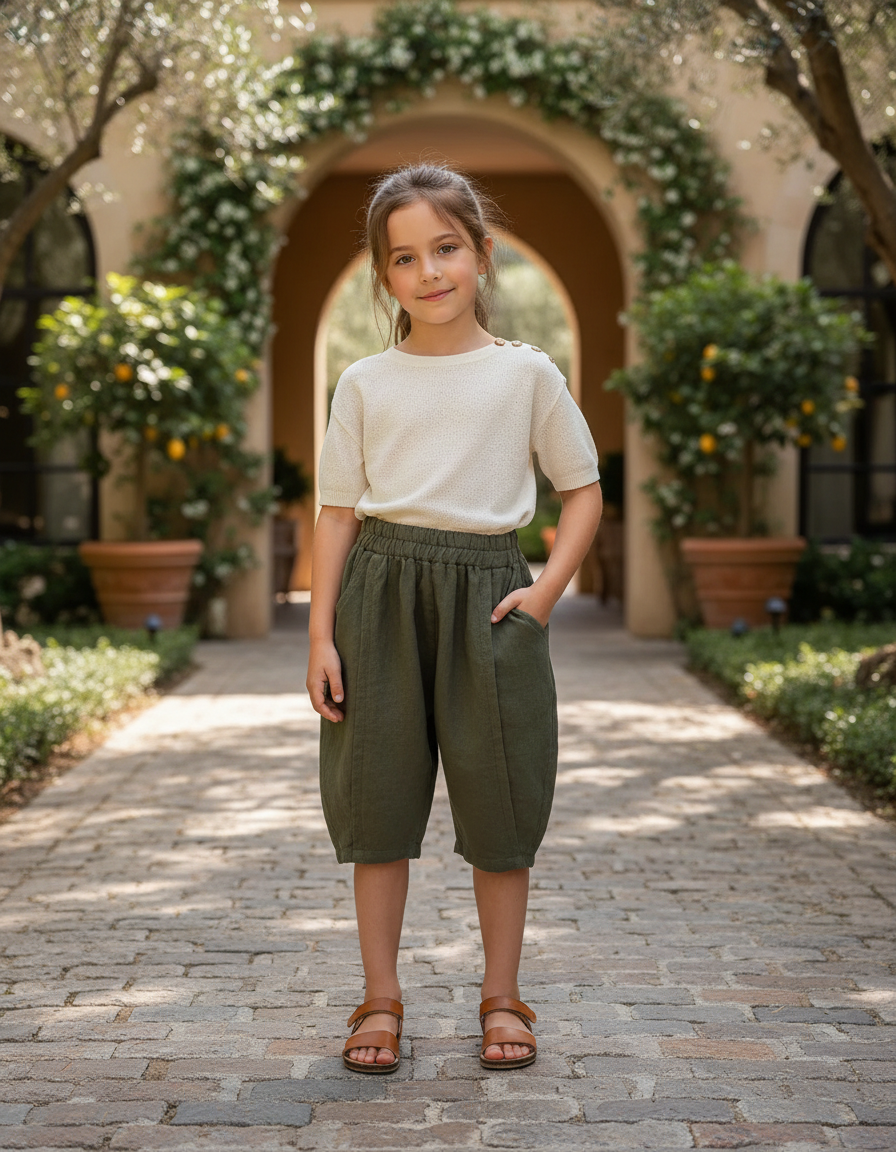 Pantalon En Lin Vert Ample Court Enfant